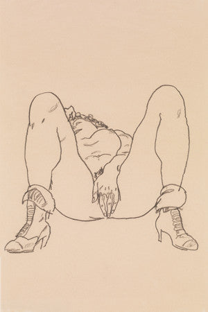Reclining Nude with Boots erotic drawing By Egon Schiele. Fine art print 