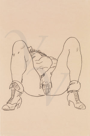 Reclining Nude with Boots erotic drawing By Egon Schiele. Fine art print