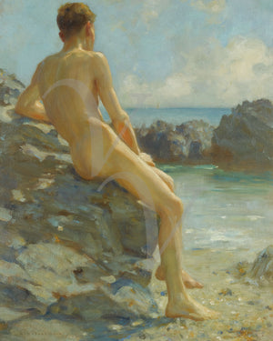 The Bather by Henry Scott Tuke. Male nude on beach painting. Fine art print 