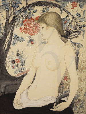 Portrait of Juliette by Louis Anquetin. Portrait painting of a female nude against a floral background. Fine art print