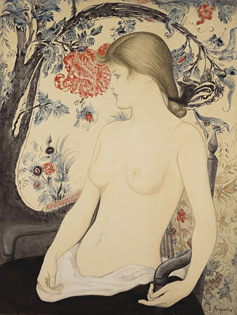 Portrait de Juliette by Louis Anquetin. Portrait painting of a female nude against a floral background. Fine art print