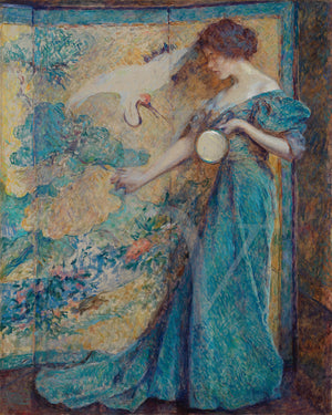 The Mirror by Robert Reid. Painting of a woman in a blue dress holding a mirror, in an exotic interior. Fine art print