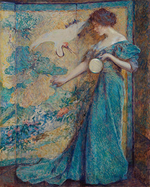 The Mirror by Robert Reid. Painting of a woman in a blue dress holding a mirror, in an exotic interior. Fine art print