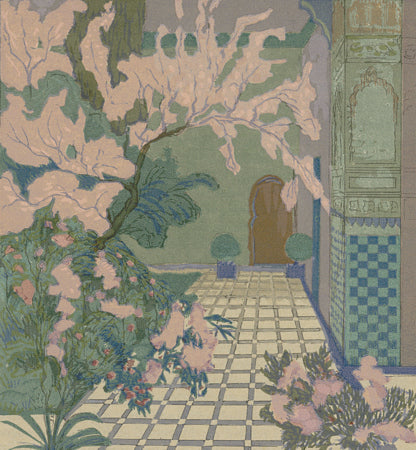 Illustration of blossoming trees in an exotic Moroccan garden setting. Fine art print