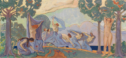 Veil Dancers. Women dancing in forest painting