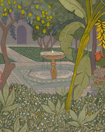 Garden in Marrakech. Antique illustration of an exotic garden with a fountain. Fine art print