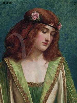 Cèleste by Herbert Gustave Schmalz. Painting of a medieval maiden. Pre-Raphaelite fine art print