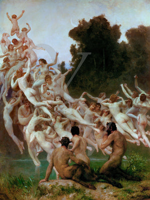 Les Oréades by William Adolphe_Bouguereau. Painting of mountain nymphs and satyrs. Fine art print