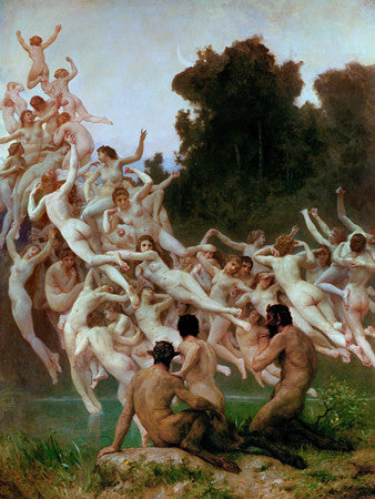 Les Oréades by William Adolphe_Bouguereau. Painting of mountain nymphs and satyrs. Fine art print