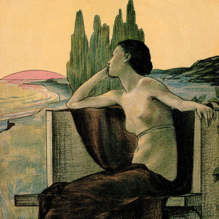 Art Nouveau Illustration of a daydreaming woman gazing into a sunset. Fine art print