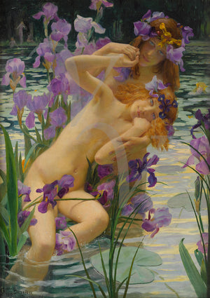 Les Iris by Gaston Bussière. Water nymphs amongst purple Irises. Fine art print