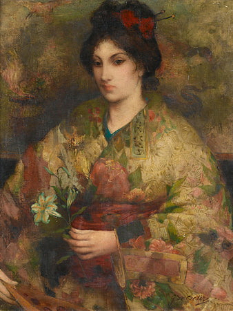 Exotic style antique portrait painting of a woman holding flowers