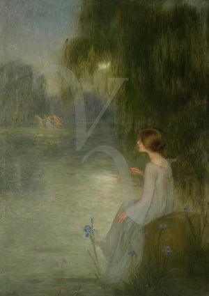 Dream by Joan Brull. Painting of a young woman watching nymphs dance under a full moon