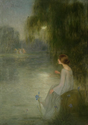 Dream by Joan Brull. Painting of a young woman by a moonlit lake 