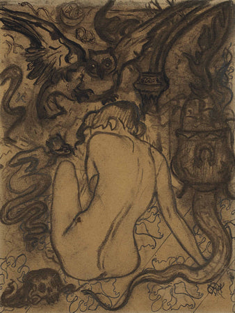Black Magic. Nude witch with owl and snakes. Antique drawing