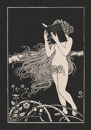 Art Nouveau illustration of a reading woman with long hair and a book. 