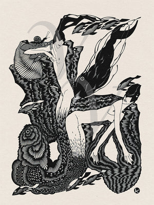 Sea Nymphs. Antique illustration. Mermaids