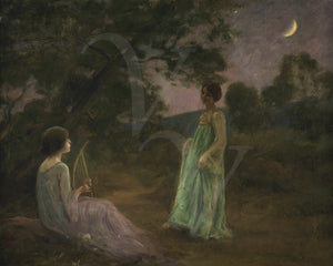 Night Landscape with Two Girls by Joan Brull. Nocturnal symbolist painting