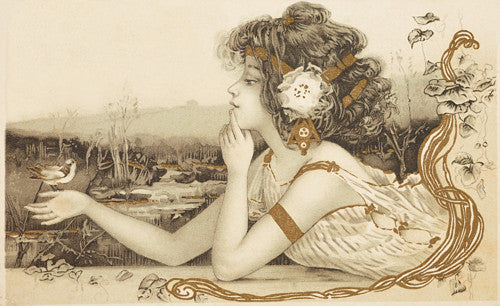 Young Woman with a Bird. Art Nouveau illustration