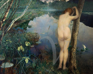 Nocturne by Eilif Peterssen. Painting of a nude woman by a lake with reflection of moon