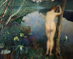 Nocturne by Eilif Peterssen. Painting of a nude woman by a lake with reflection of moon