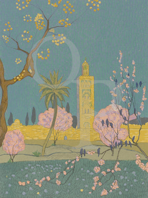 Moroccan Garden with Jemaa El Fna, Marrakesh. 1920s illustration 