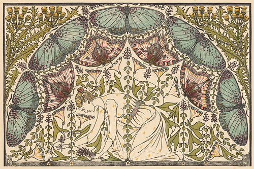 Spring Garden. Art Nouveau woman with flowers, thistles and butterflies. Vintage nature.