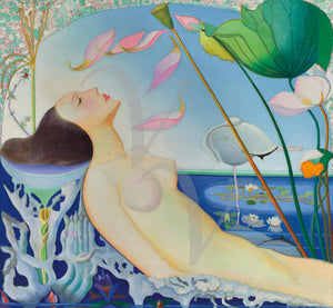 Ondine by Joseph Stella. Female nude in lotus pond painting. Fine art print