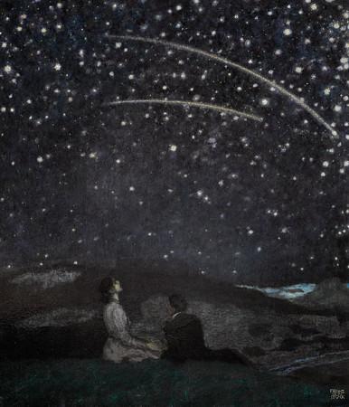 Shooting Stars. Couple watching night sky painting. Fine Art Print