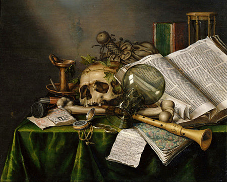 Vanitas, Still Life with Books and Manuscripts and a Skull  by Edwaert Collier