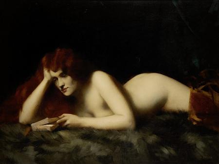 Nude Reading Book. Antique painting of female reading. Fine art print