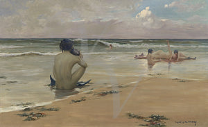 Sea Idyll by Rupert Bunny. Mermaids on beach painting. Fine art print