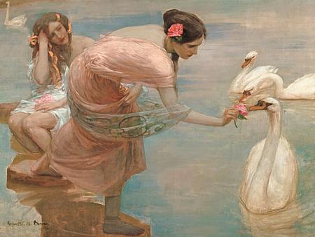 Summer Morning by Rupert Bunny. Women with swans painting