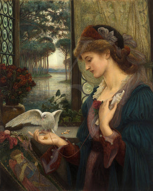 Love's Messenger. Woman with a dove. Pre-Raphaelite painting. Fine art print