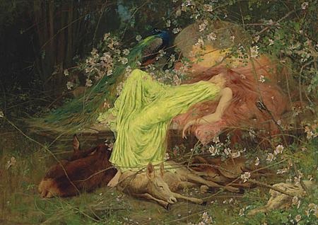 Fairy Tale. Victorian painting of woman asleep in forest. Fine art print