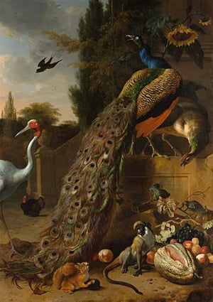 Peacocks and birds in a Classical setting. Antique painting-Fine art print