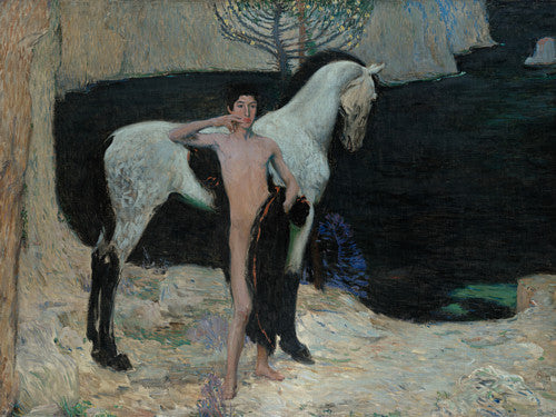 Black Lake. Males nude with a horse. Symbolist painting. Fine art print 