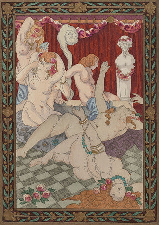 Lesbian Bacchanal. Vintage female lovers in wild boudoir. Antique erotic fine art print