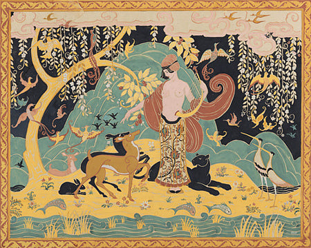 Art Deco exotic forest. Nature goddess with animals. Fine art print