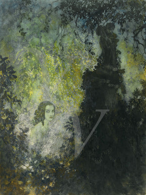 Woman in night garden painting. Fine art print