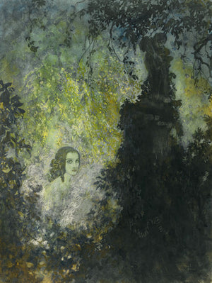 Female apparition in garden painting. Fine art print 