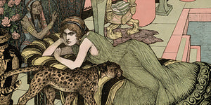 Art Nouveau illustration of a woman with a leopard. Fine art print