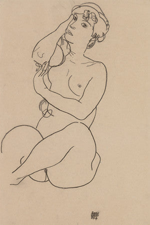 Female Nude by Egon Schiele. Charcoal drawing figure study. Fine art print