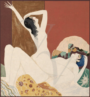 Exotic lovers. French Art Deco erotica. Boudoir illustration 