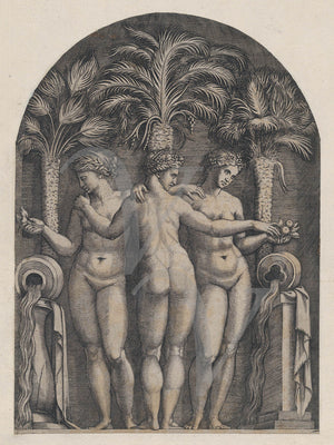 The Three Graces by Marcantonio Raimondi. Antique Italian engraving. Fine art print 