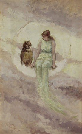 Woman sitting on the moon with an owl painting. Fine art print