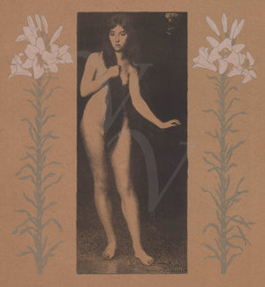 Female nature spirit nude with flowers. Art Nouveau print