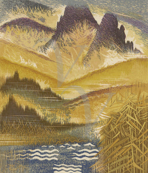 Art Deco Landscape with Mountains and River. Vintage artwork. Fine art print  