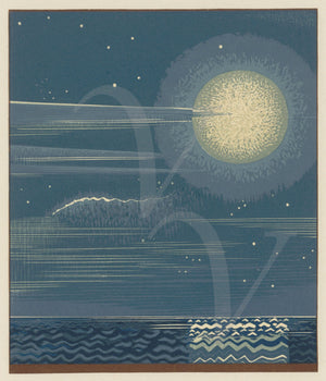 Full Moon Over Ocean. Art Deco design. Fine art print