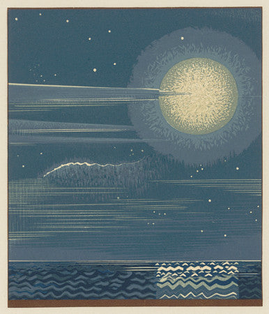 Seascape with a full moon. Art Deco design. Fine art print.